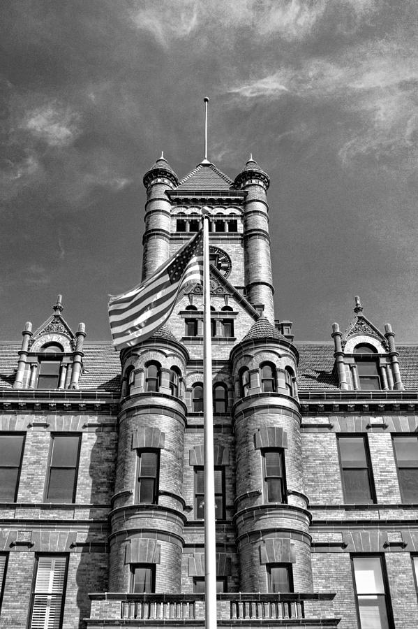 Romanesque Photograph - Old DuPage County Courthouse Flag Black and White by Christopher Arndt