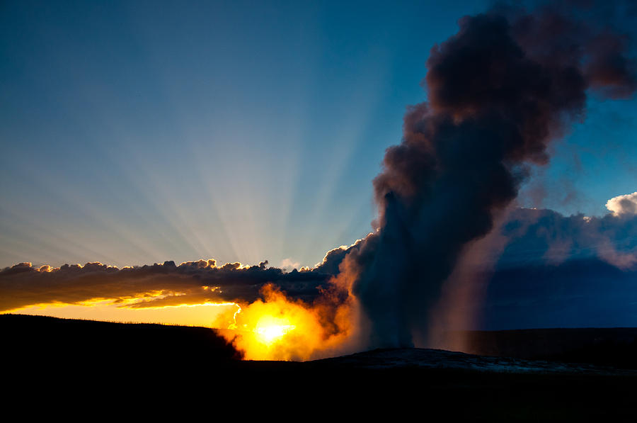 Yellowstone National Park Photograph - Old Faithful at Sunset 2 by Tom Wenger