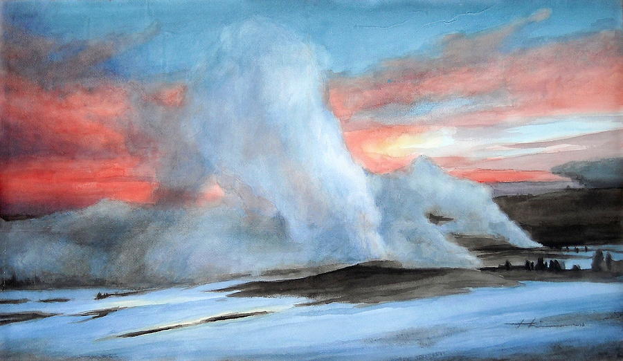 Old Faithful Geyser Watercolor Painting Painting by Mike Theuer