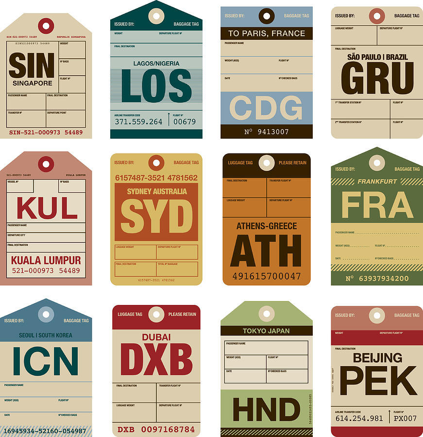 Old Fashioned Airport Luggage Tags Icon Set Drawing by Bortonia