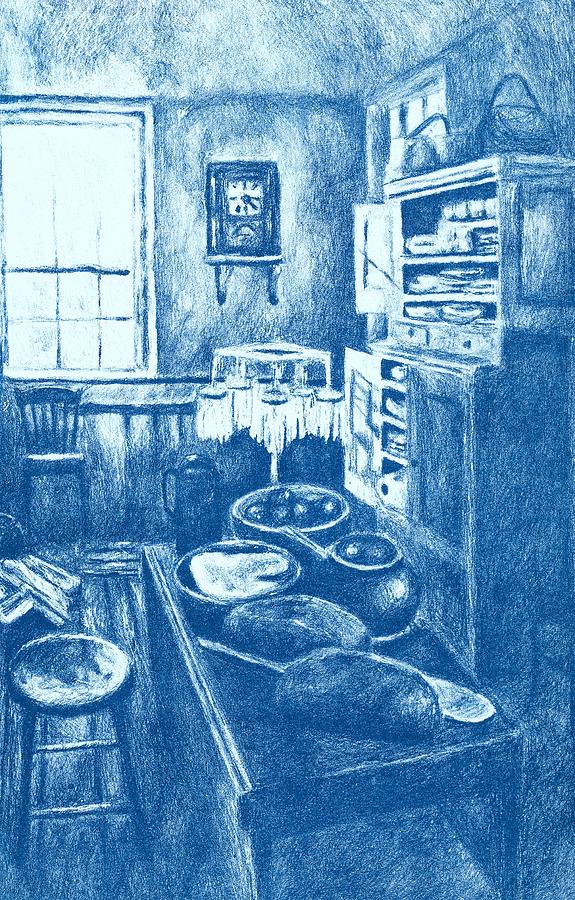 Old Fashioned Kitchen in Blue Drawing by Kendall Kessler