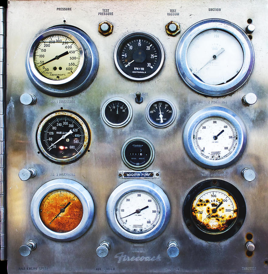 Fire Engine Photograph - Old Fire Truck Gauge Panel by Wes Jimerson