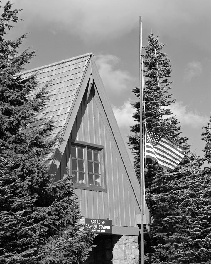 Old Glory at Paradise Ranger Station BW Photograph by Connie Fox