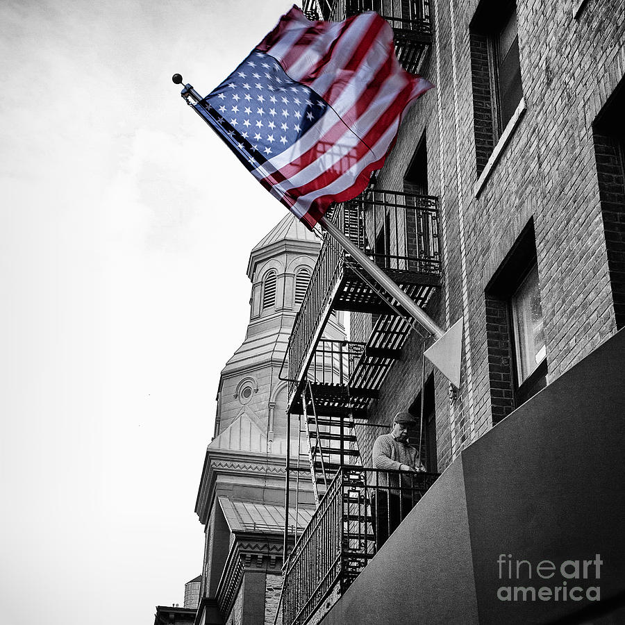 Black And White Photograph - Old Glory getting raised by John Farnan