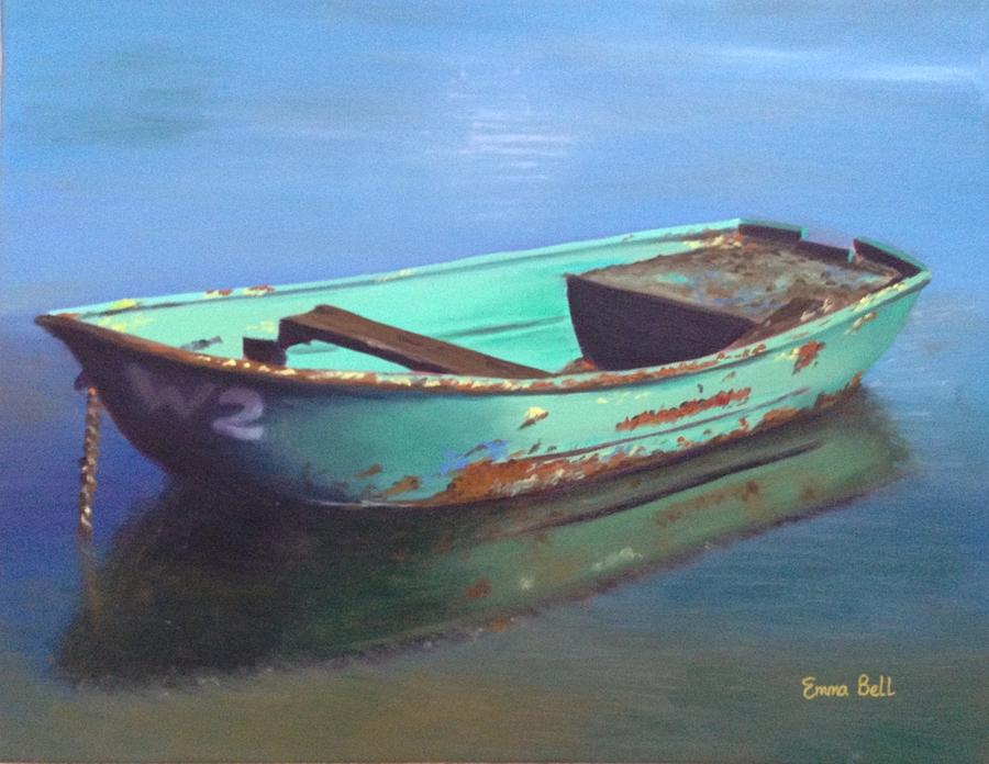 Old green boat on calm water Painting by Emma Bell
