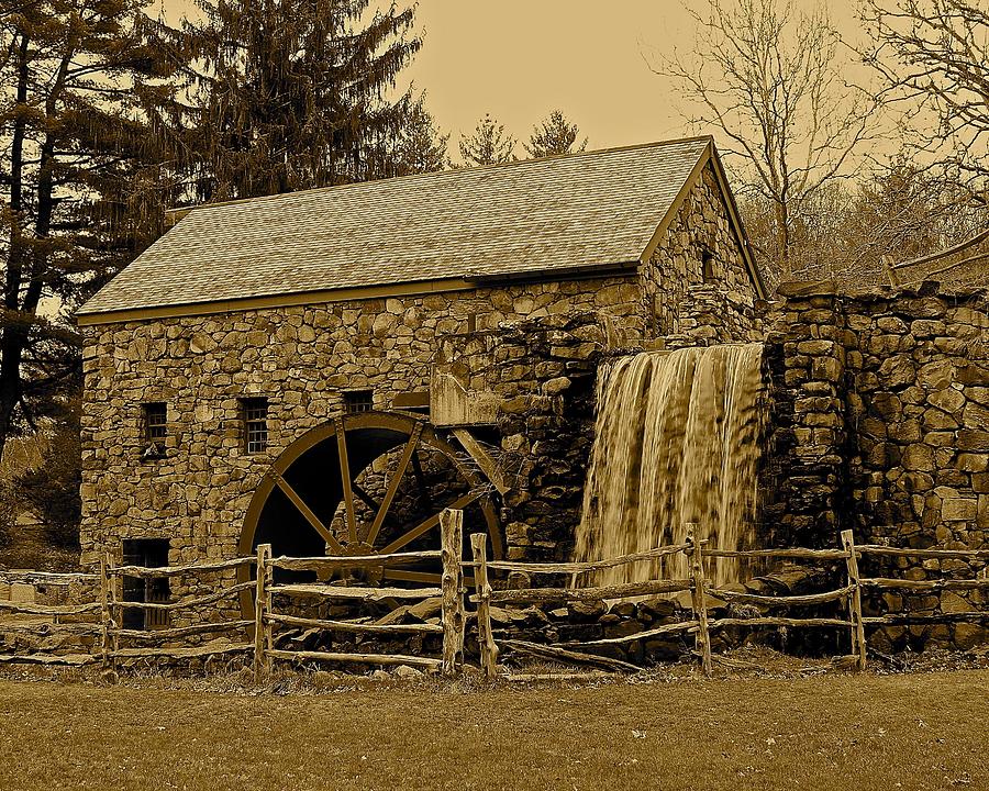 Wayside Inn Old Grist Mill in Sepia Photograph by Michael Saunders