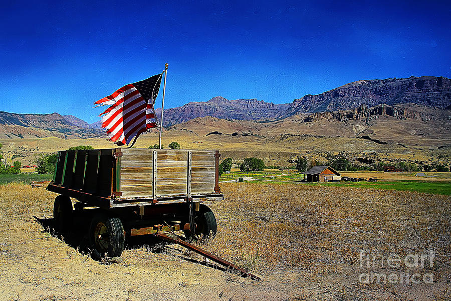 Old Hay Wagon and American Flag Photograph by Teresa Zieba