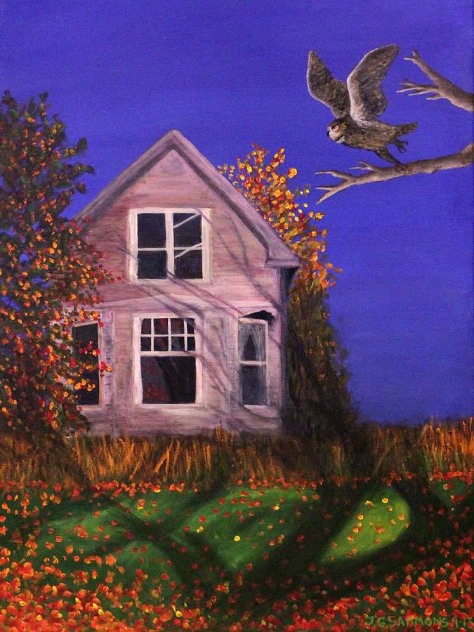 Old House and Owl Painting by Janet Greer Sammons