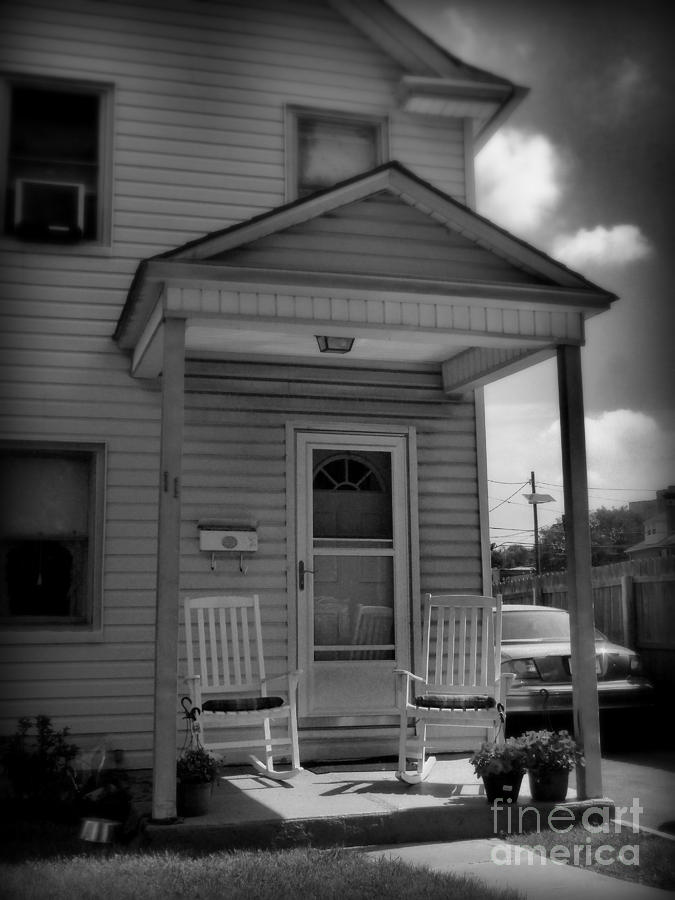 Old Houses New Jersey - In The Oranges - Green House With Flower Pots And Rocking Chairs - Black And Photograph