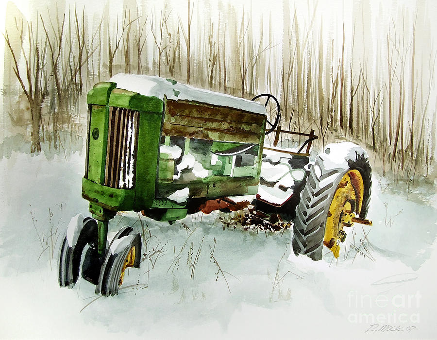 Old John Deere in the Snow Painting by Rick Mock