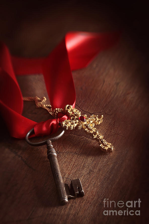 Old key and gold cross with red ribbon Photograph by Sandra Cunningham