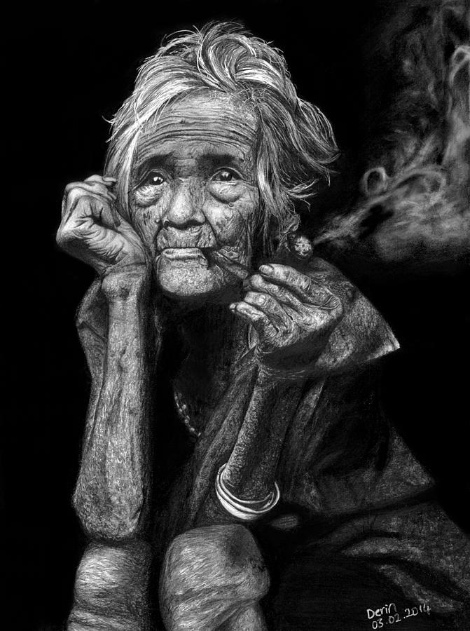 Old Lady With Her Pipe Drawing by Derin Baysal - Pixels