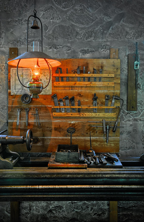 Old Lathe Tools and Workbench Photograph by Dave Mills
