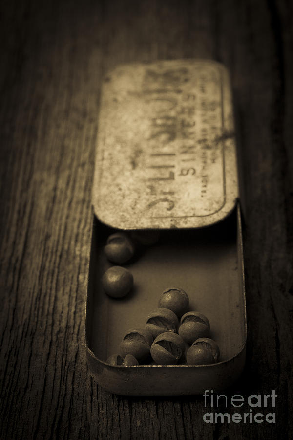 Old Lead Fishing Sinkers In Tin Photograph