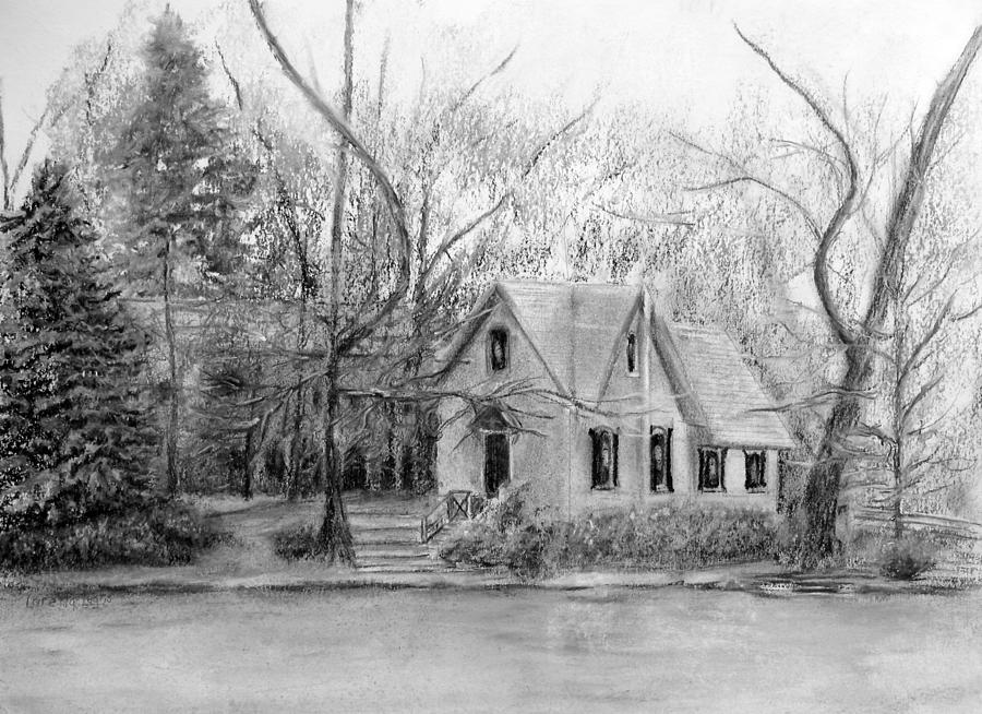 Black And White Painting - Old Library on Lake Afton - Winter by Loretta Luglio