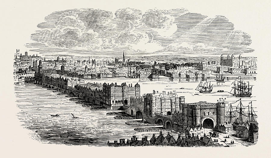 London Drawing - Old London Bridge In The Sixteenth Century by English School