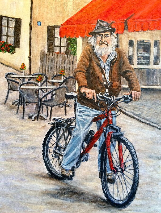 Old Man on a bike Painting by Bonnie Peacher