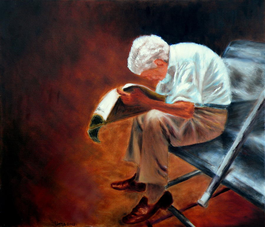 Old man reading Painting by Uma Krishnamoorthy