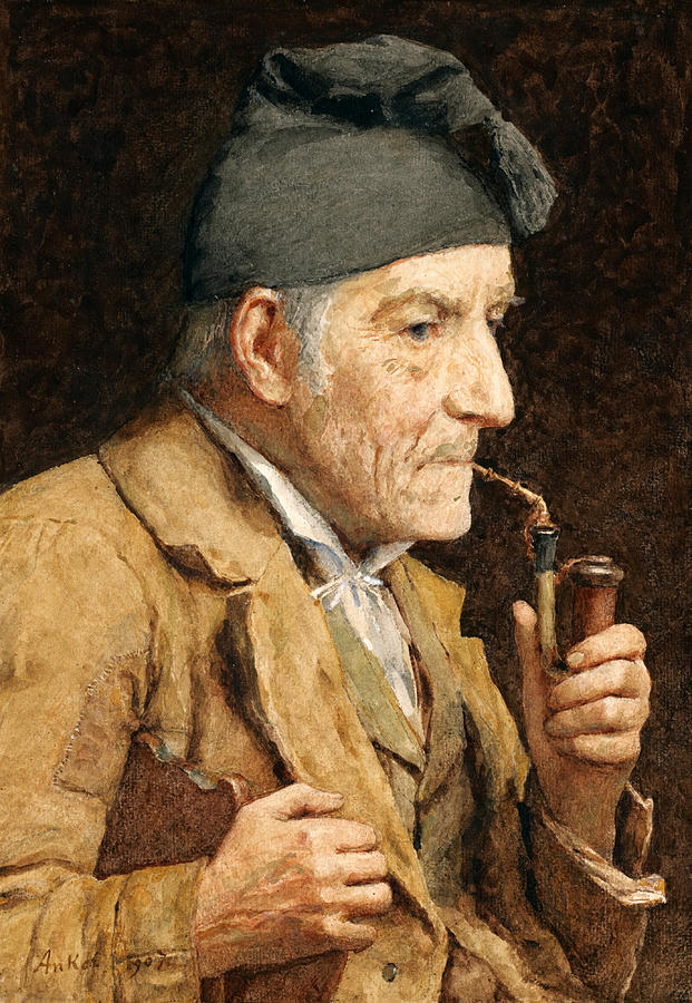 Old man smoking his pipe Painting by Albert Anker