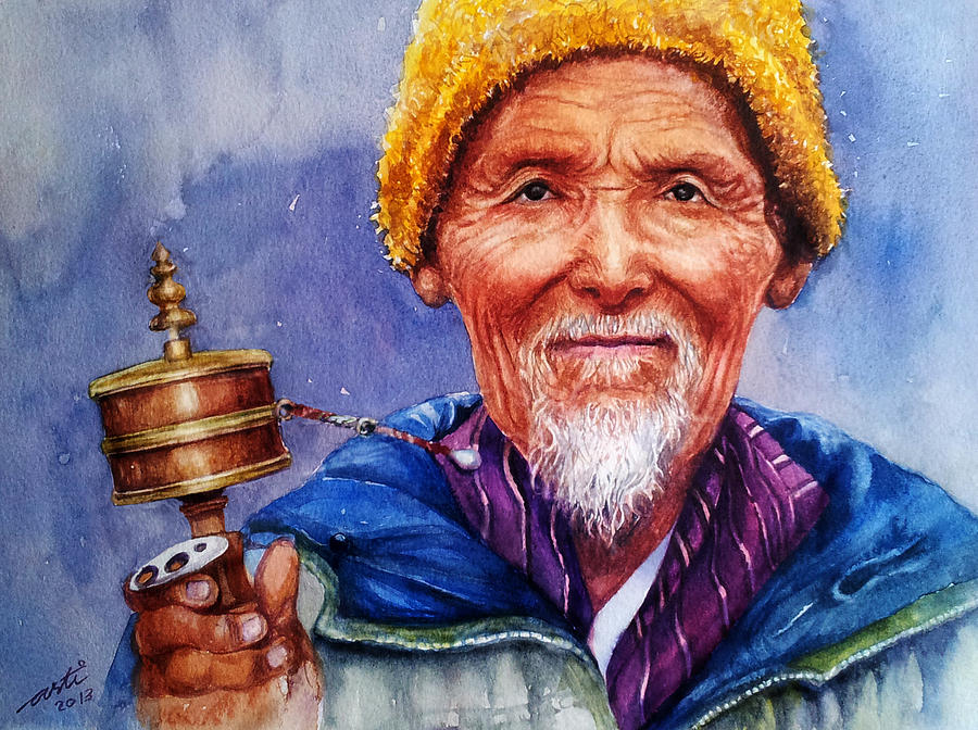 Old Man with a Praying Wheel Painting by Arti Chauhan
