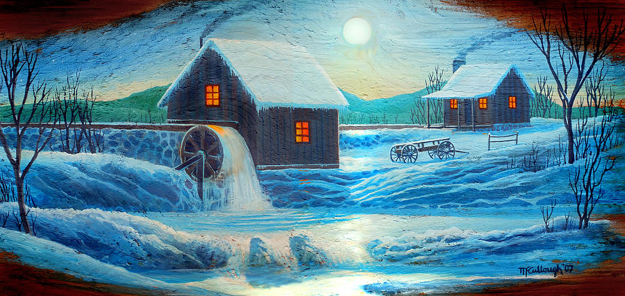 Old Mill in the Winter Moonlight Painting by Duane McCullough
