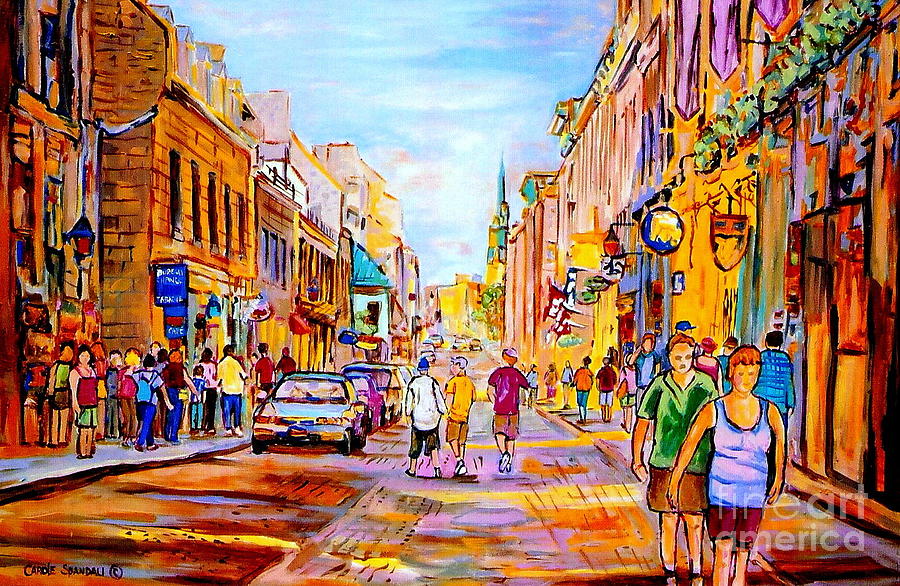 Old Montreal Paintings Summer  Street Scene Along The Old Port Painting by Carole Spandau