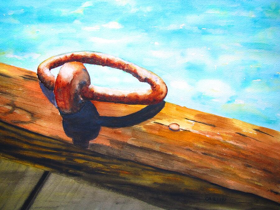 Old Mooring Ring on Wood Dock Painting by Carlin Blahnik CarlinArtWatercolor
