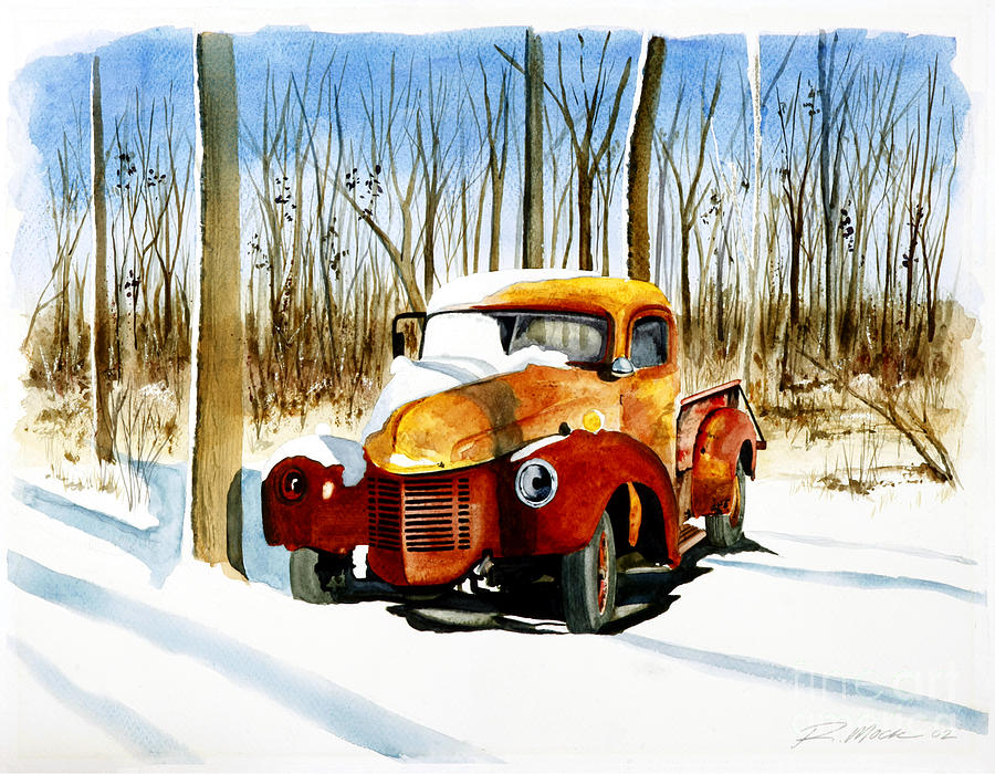 Old Pick-Up truck in the snow Painting by Rick Mock