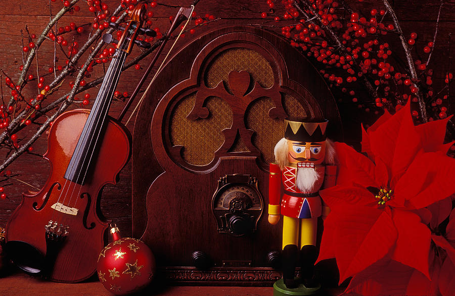 Violin Photograph - Old raido and Christmas nutcracker by Garry Gay