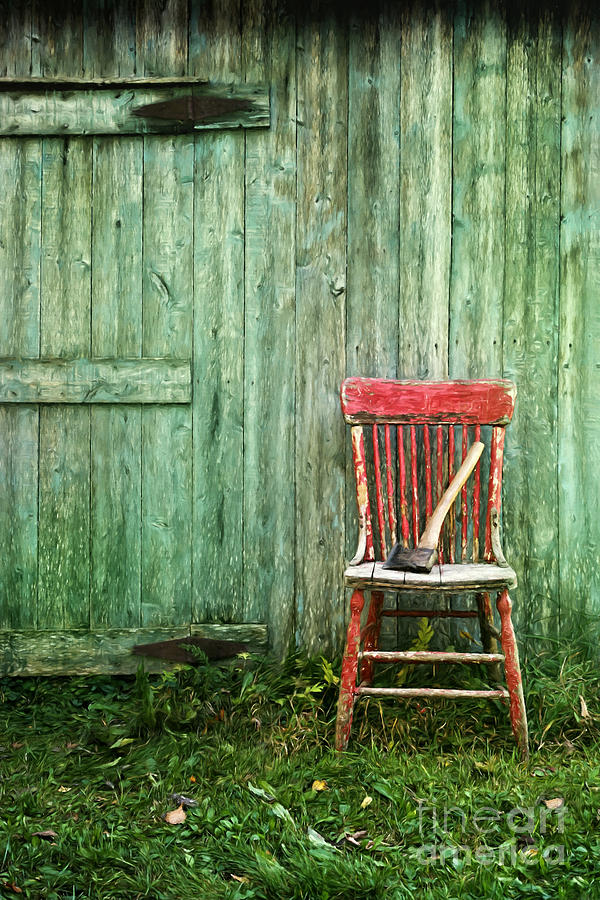 Summer Photograph - Old red chair near a barn/digital oil painting by Sandra Cunningham