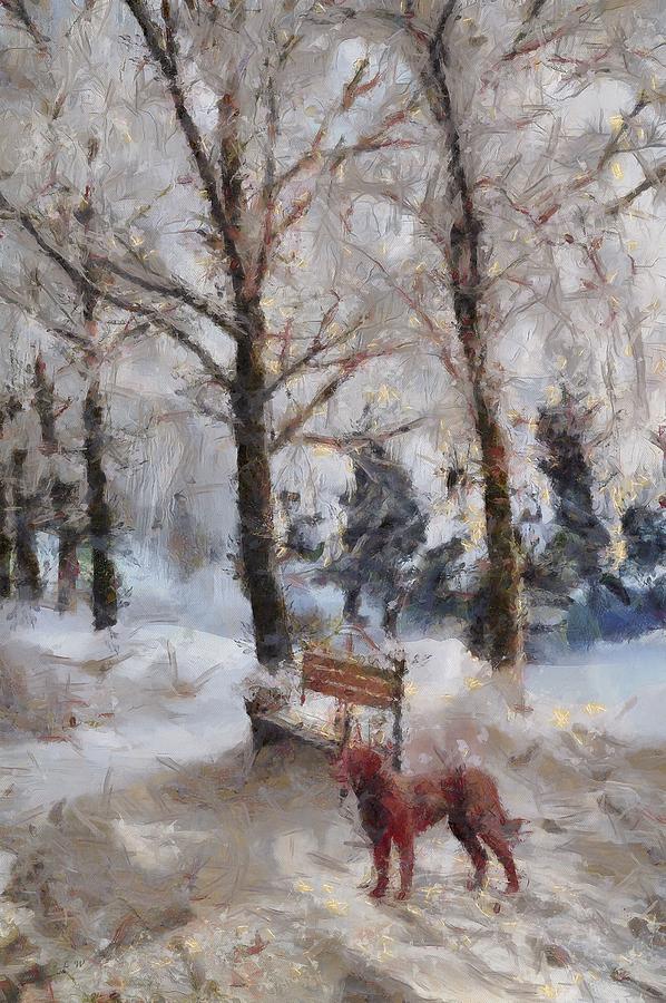 Tree Painting - Old Red Playing in the Snow  by L Wright