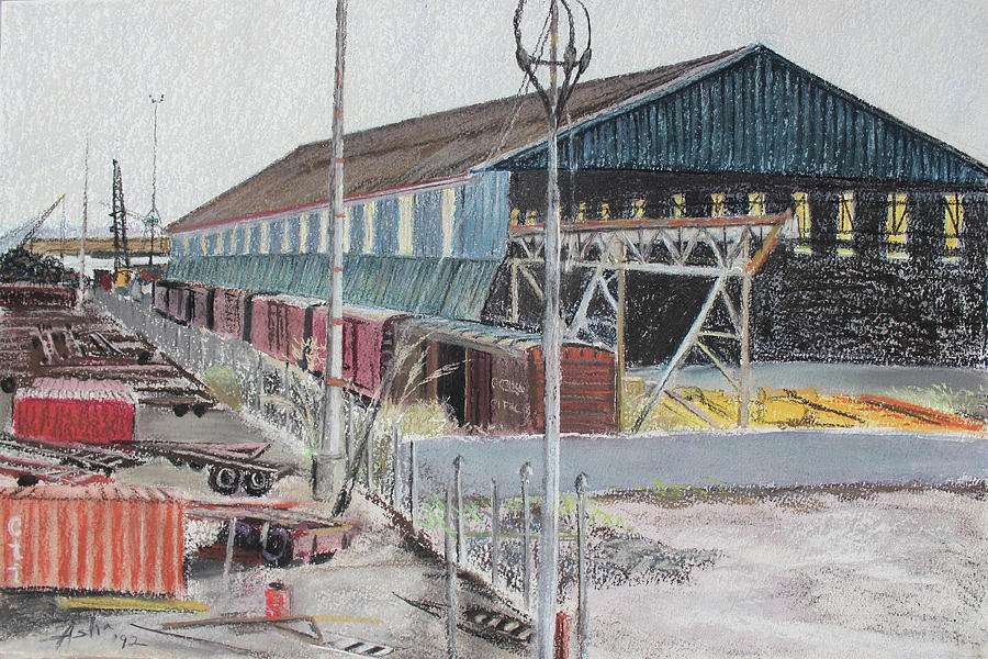 Old Resting Train and Schnitzer Steel Building Pastel by Asha Carolyn Young