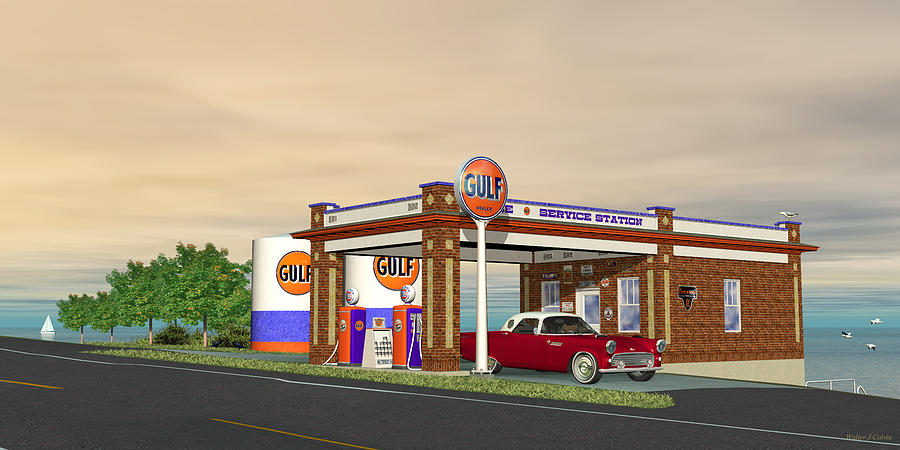 Old Retro Gulf Gas Station Digital Art by Walter Colvin