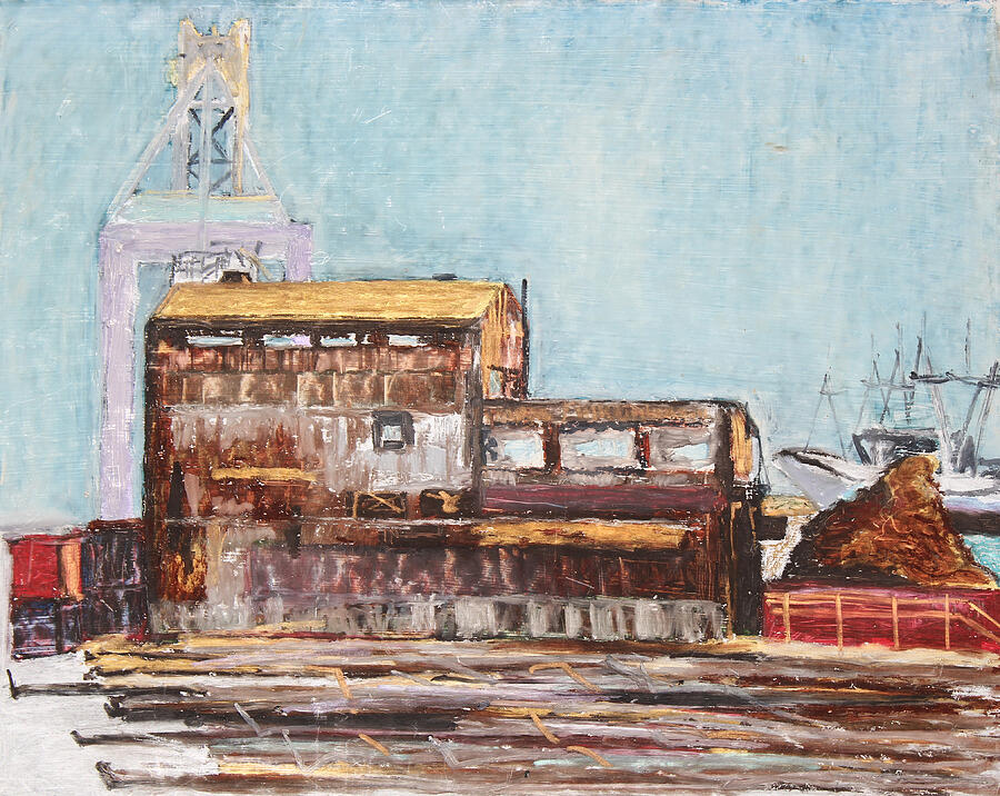 Old Rustic Schnitzer Steel Building with Crane and Ship Painting by Asha Carolyn Young