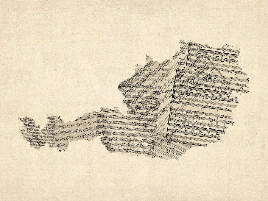 Old Sheet Music Map of Austria Map Digital Art by Michael Tompsett