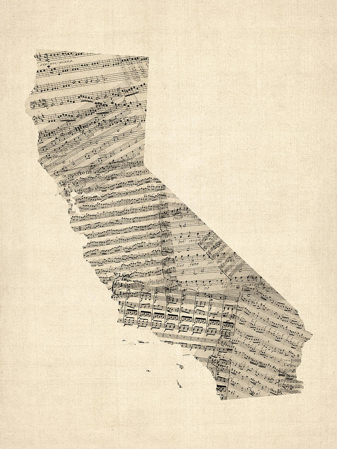 California Map Digital Art - Old Sheet Music Map of California by Michael Tompsett