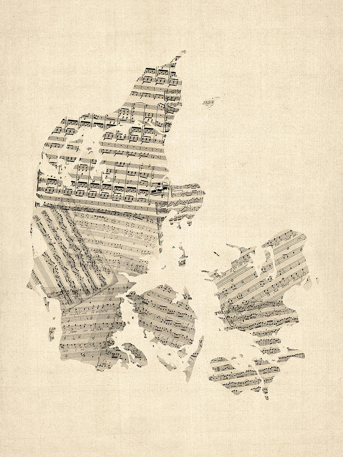 Cartography Digital Art - Old Sheet Music Map of Denmark by Michael Tompsett