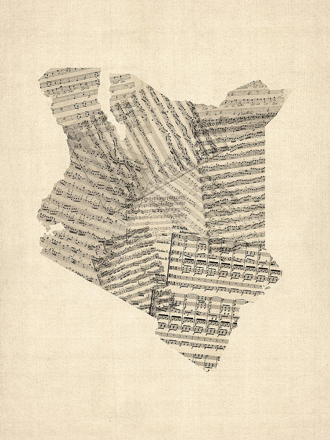 Old Sheet Music Map of Kenya Map Digital Art by Michael Tompsett