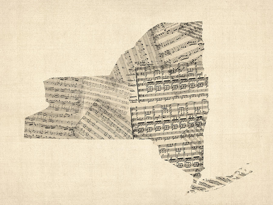 Old Sheet Music Map of New York State Digital Art by Michael Tompsett