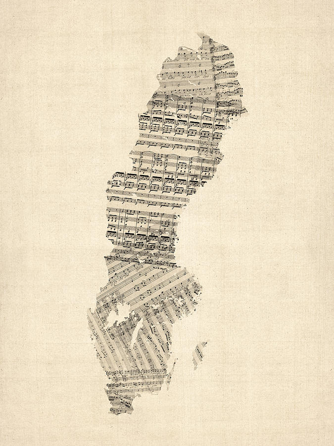 Old Sheet Music Map of Sweden Digital Art by Michael Tompsett