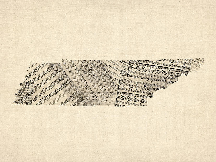 Old Sheet Music Map of Tennessee Digital Art by Michael Tompsett