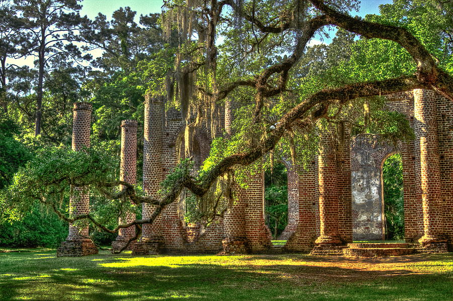 Sunrays Photograph - Old Sheldon Church Majestic Live Oak Trees South Carolina Low Country Architectural Art by Reid Callaway
