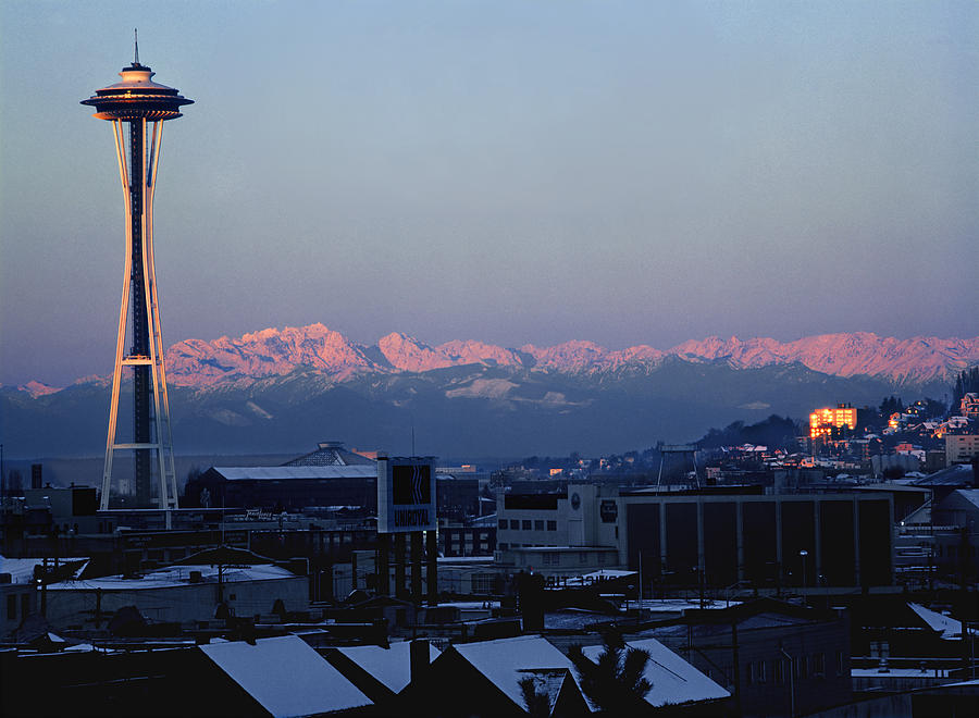 1A4X40-Space Needle, 1972, and Olympic Mountains Wa  Photograph by Ed  Cooper Photography