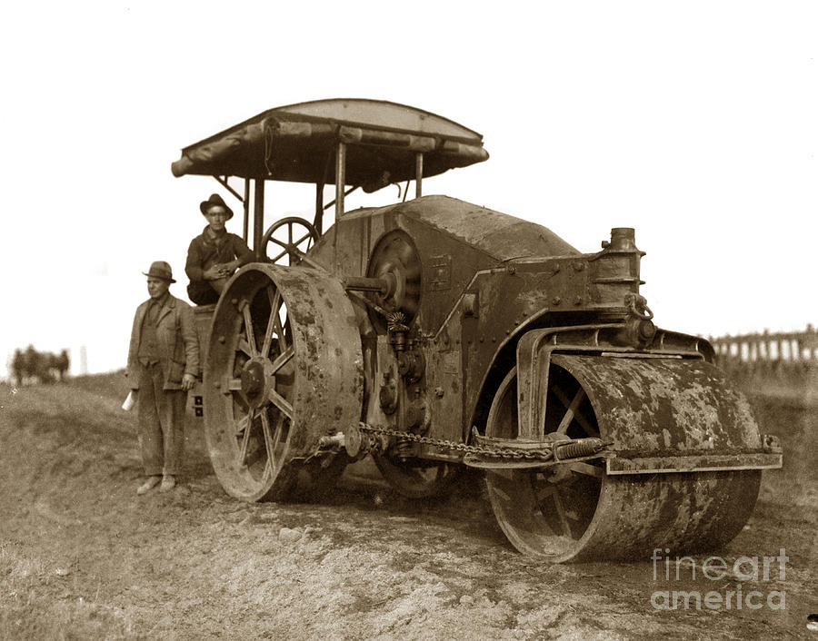 Old Photograph - Old Steam Roller road construction Circa 1920 by Monterey County Historical Society