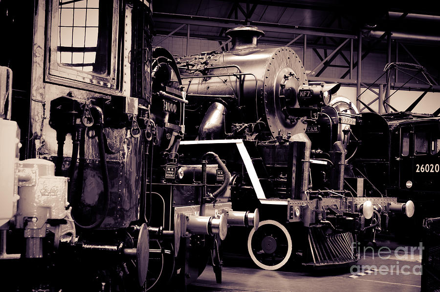 Black And White Photograph - Old steam train locomotives. by Peter Noyce
