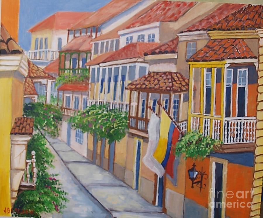 Flag Painting - Old street of Cartagena by Jean Pierre Bergoeing