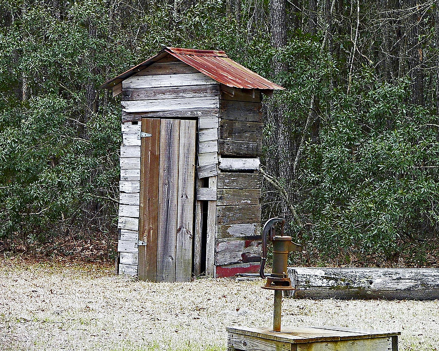 Old Time Outhouse And Pitcher Pump Photograph