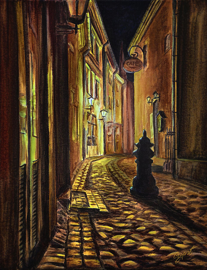 Coffee Painting - Old Town street at night by Gynt Art