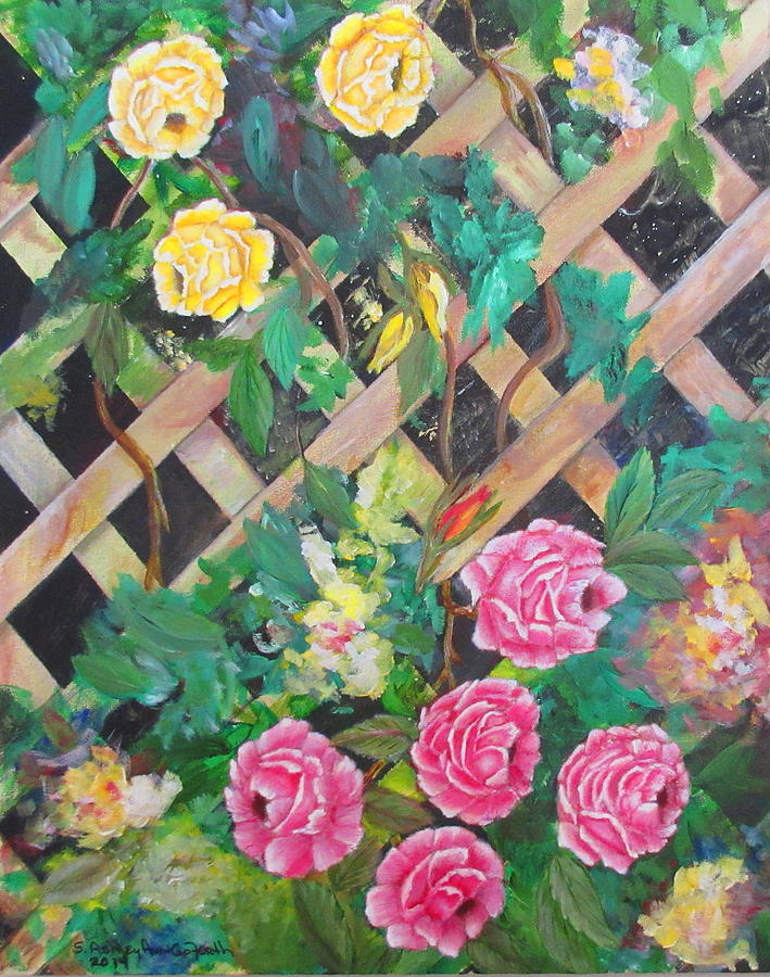 Old Trellis Roses Painting by Ashley Goforth