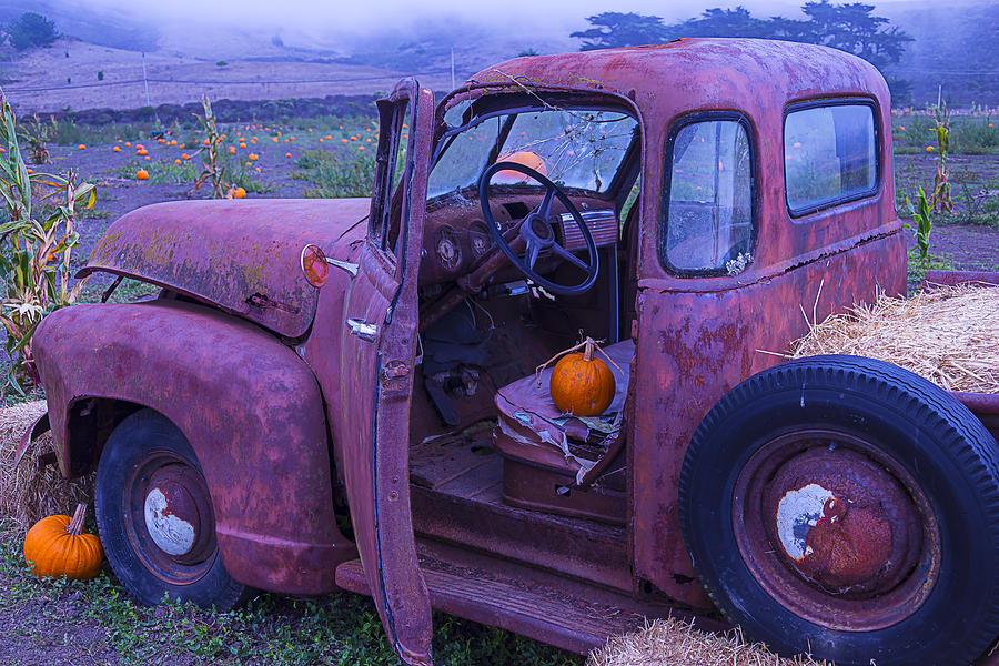 Truck Photograph - Old Truck In Pumpkin Field by Garry Gay